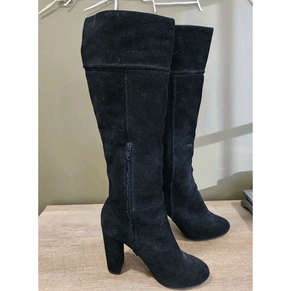 Topshop Women's Size 38 Black Faux Suede Leather Over The Knee Heel Boots